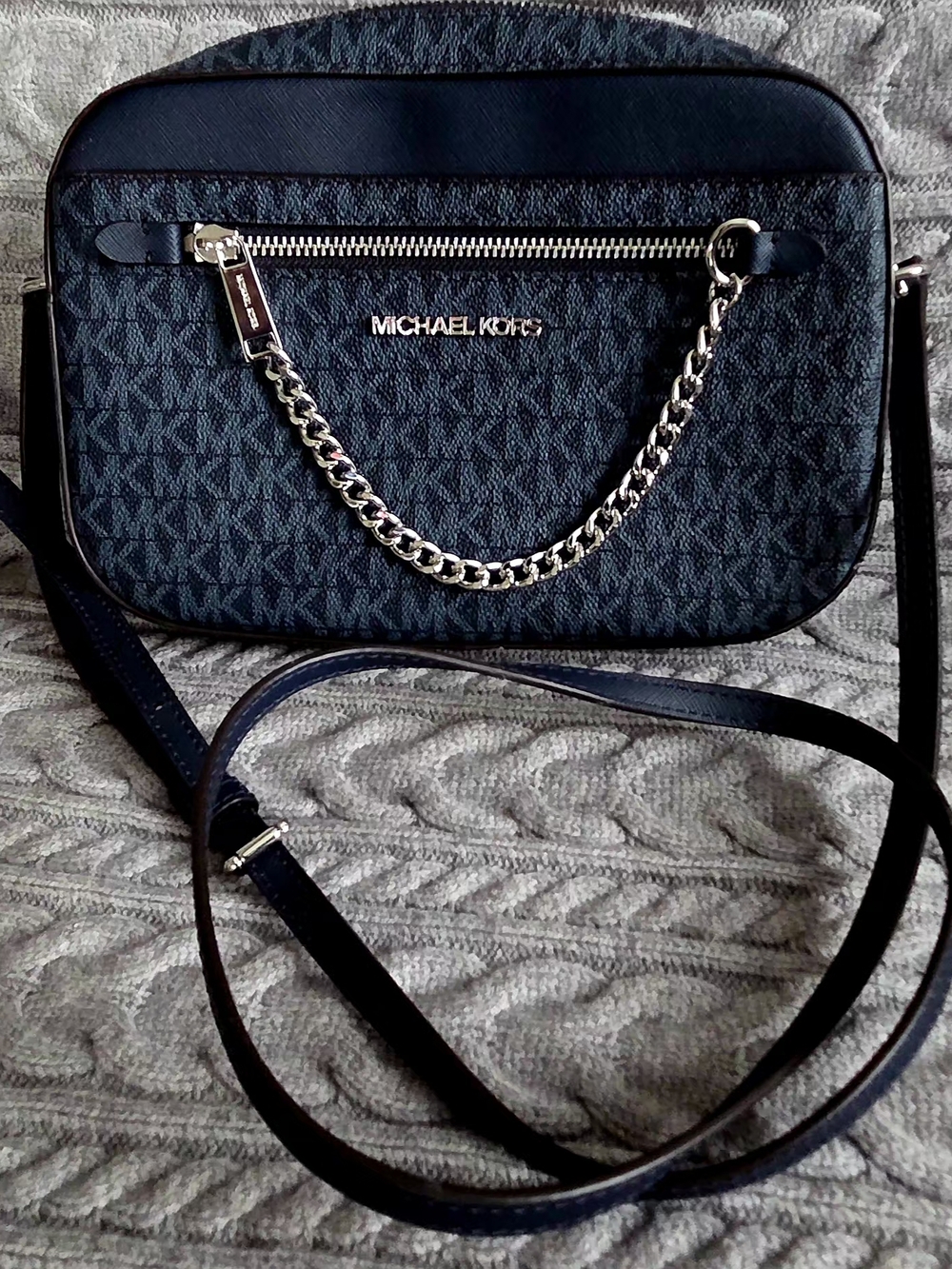 Michael Kors Navy and Silver Chain Signature Crossbody Bag